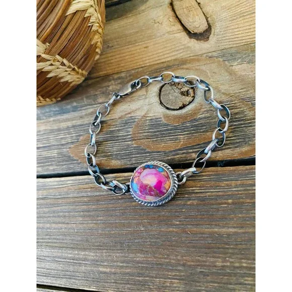 Navajo Pink Dream Mohave & Sterling Silver Link Bracelet - Picture 3 of 7